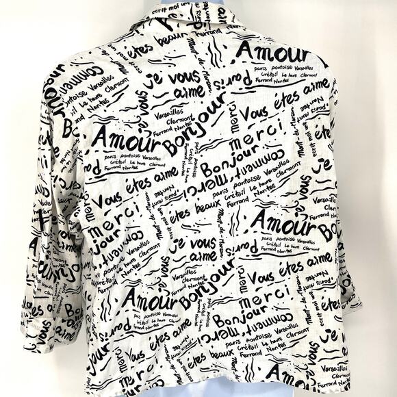 Laura Ashley White Linen Black French Graffiti Toggle Button up Blouse Size 2X - Picture 3 of 8